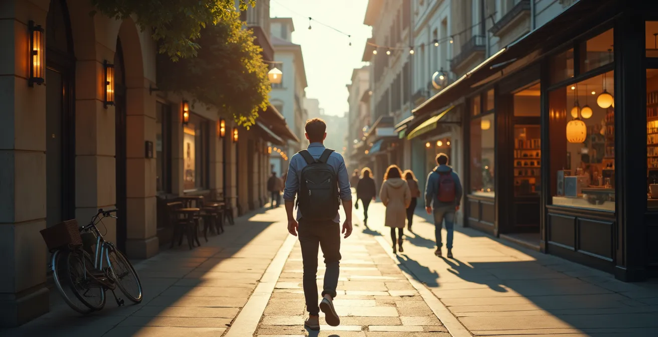 Reisender folgt einem metaphorischen roten Faden durch verschiedene Orte einer Stadt, um eine thematische Entdeckung zu machen.