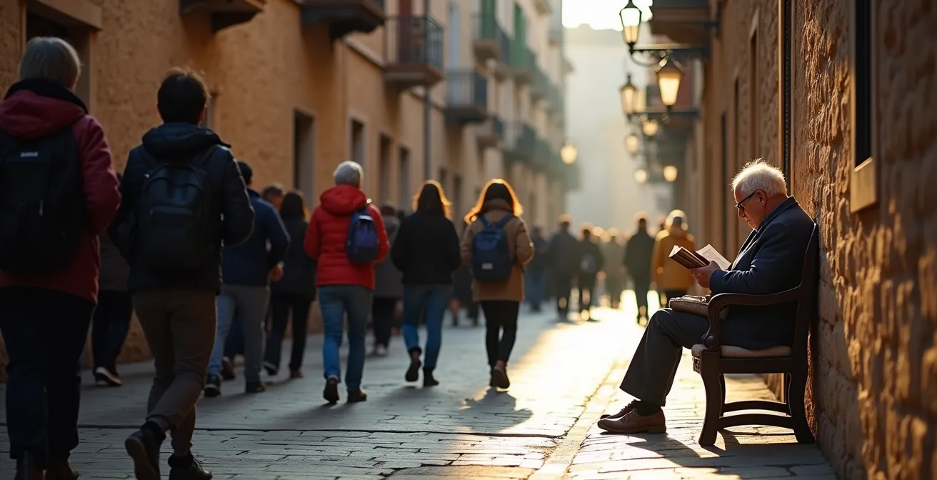 Geteiltes Bild, das den Kontrast zwischen einer überfüllten Gasse und einer ruhigen, leeren Gasse mit einer lesenden Person zeigt.