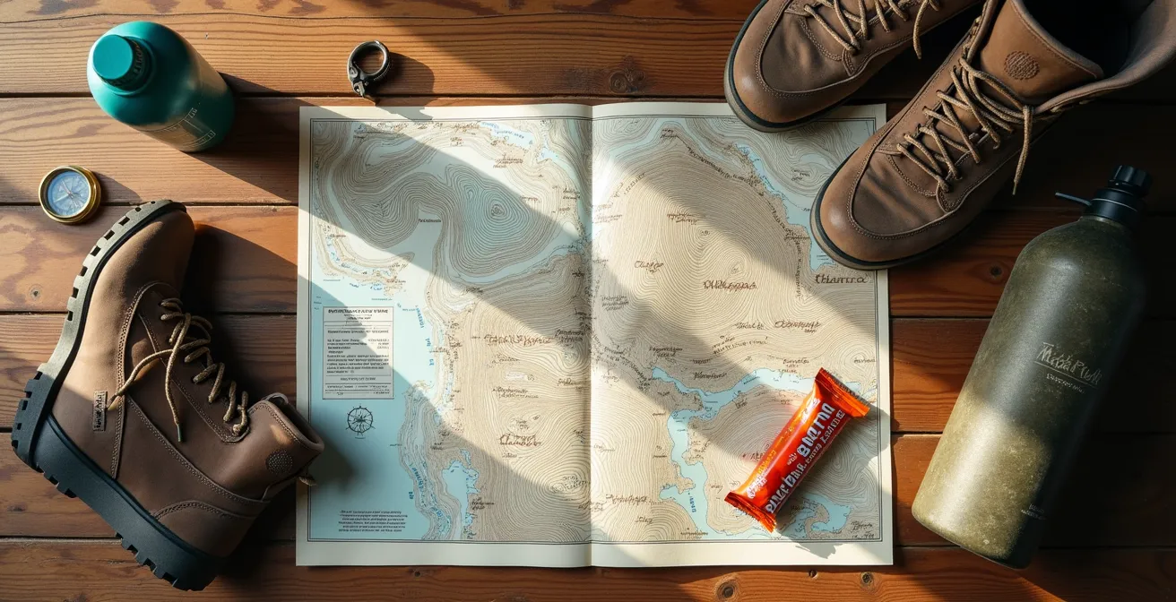 Wanderausrüstung mit Karte und Kompass auf Holztisch zur Tourenplanung