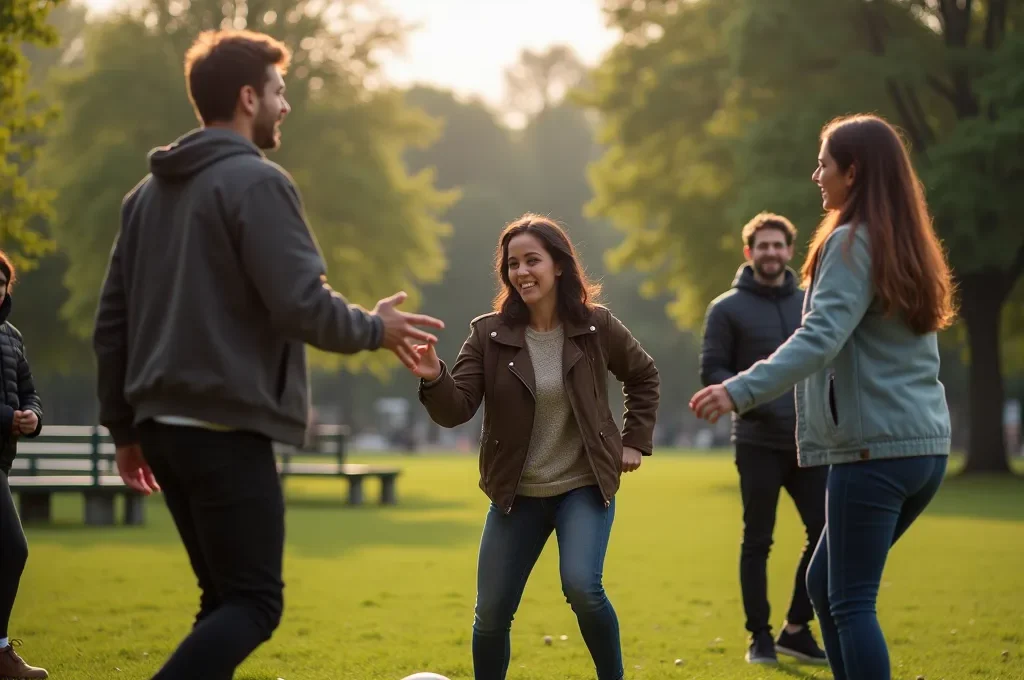 Weitwinkelaufnahme eines interkulturellen Treffens im Park mit Menschen verschiedener Herkunft beim gemeinsamen Spiel