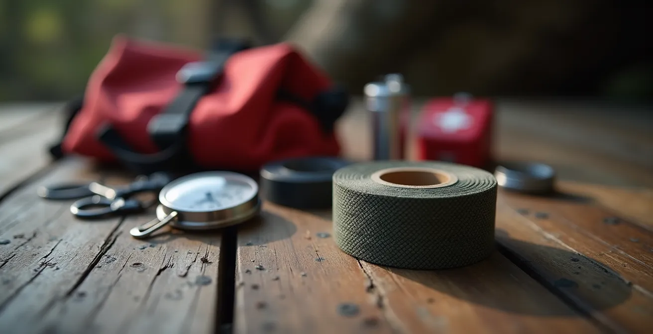 Makroaufnahme von essenzieller Notfallausrüstung wie Reparaturtape und Kompass auf einem Holztisch.