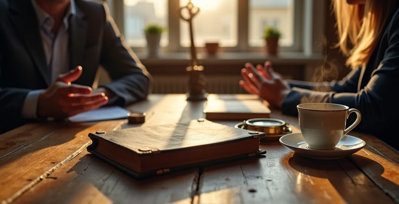 Warme Gesprächssituation zwischen zwei Personen mit historischen Objekten auf dem Tisch