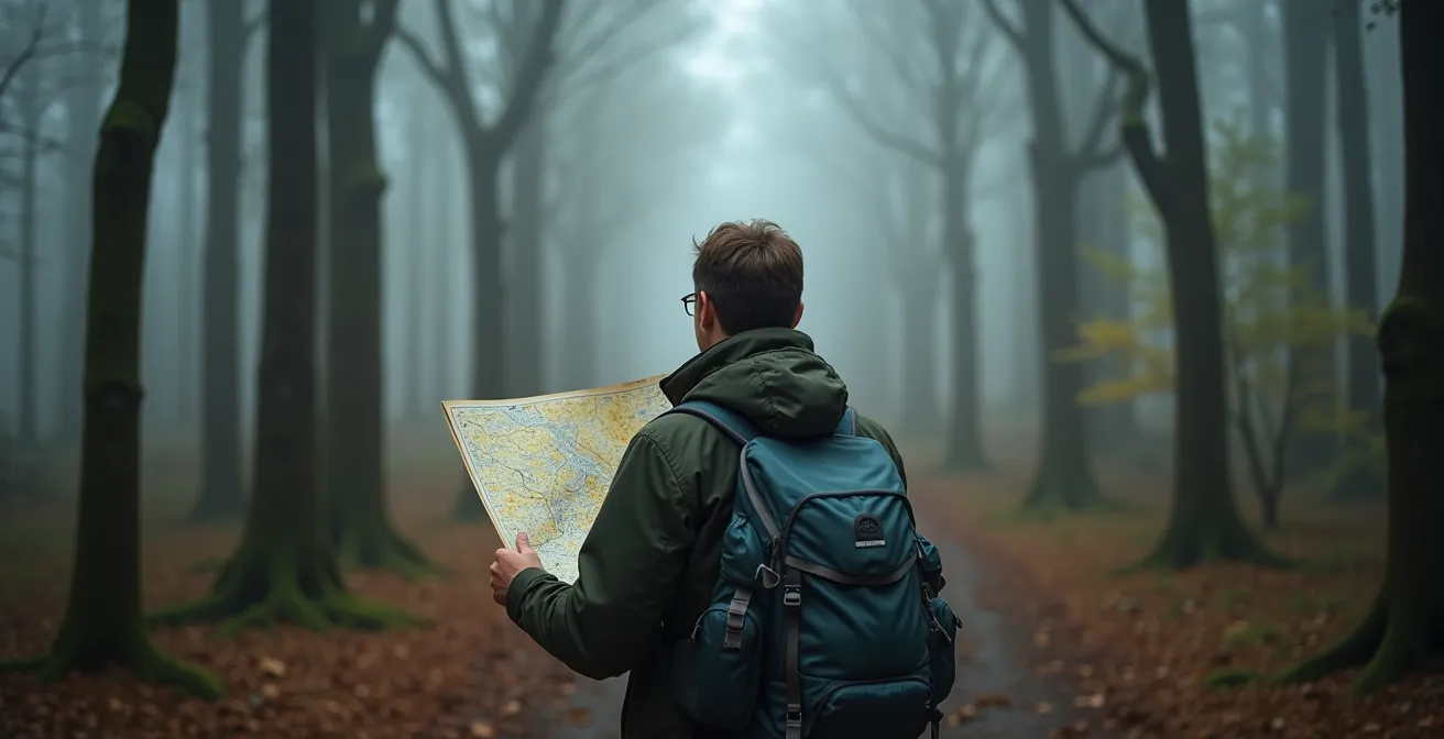 Wanderer studiert alte topografische Karte in nebligem Mittelgebirgswald