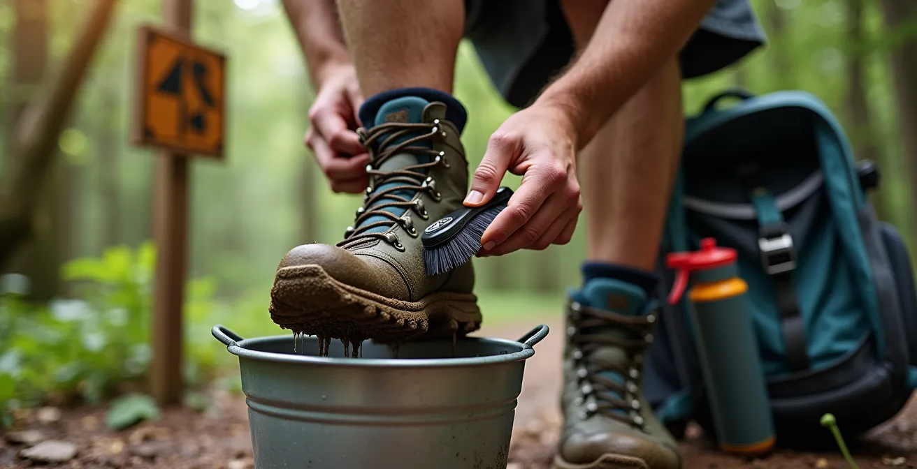 Nahaufnahme einer Schuhsohle wird mit Bürste über Eimer gereinigt, Samen fallen herab