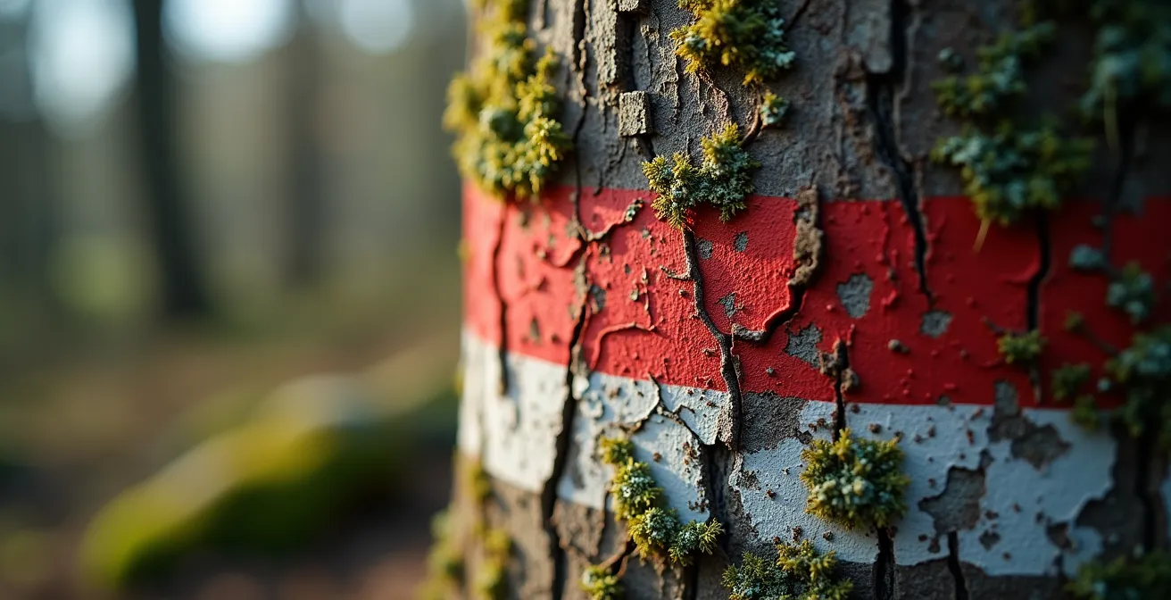 Makroaufnahme einer verwitterten rot-weißen Wegmarkierung auf Baumrinde