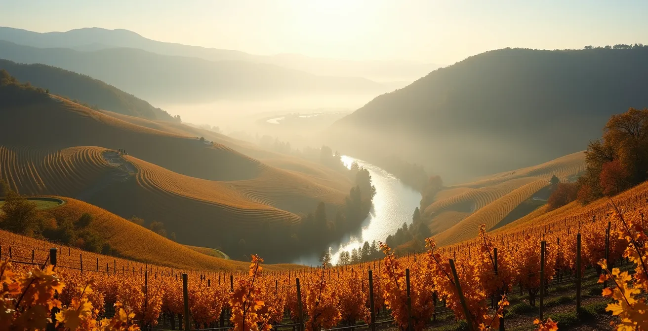 Weitwinkelaufnahme der Moselschleifen im Herbst mit Weinlese-Aktivitäten in den Steillagen