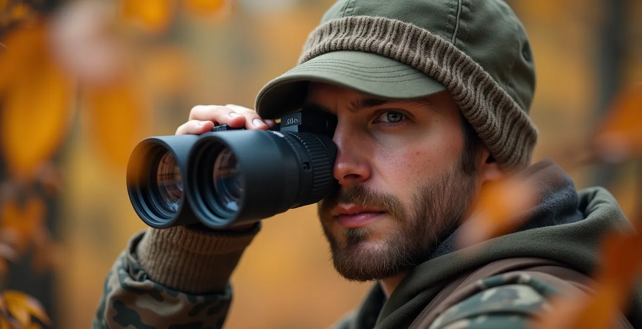 Wildtierbeobachter in Tarnkleidung mit Fernglas im Wald