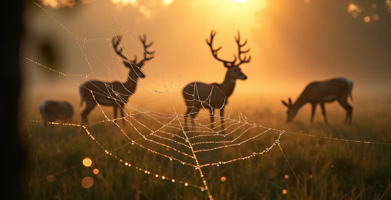 Rehe in der Morgendämmerung auf nebelverhangener Waldlichtung