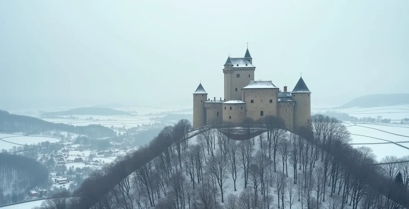 Weitwinkelaufnahme einer Burgruine auf einem Hügel im Winter, die die freien Sichtachsen auf das umliegende Tal zeigt