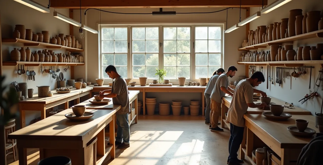 Weitwinkelaufnahme eines authentischen Handwerks-Workshops mit kleiner Gruppe an einzelnen Arbeitsplätzen in einer hellen Werkstatt