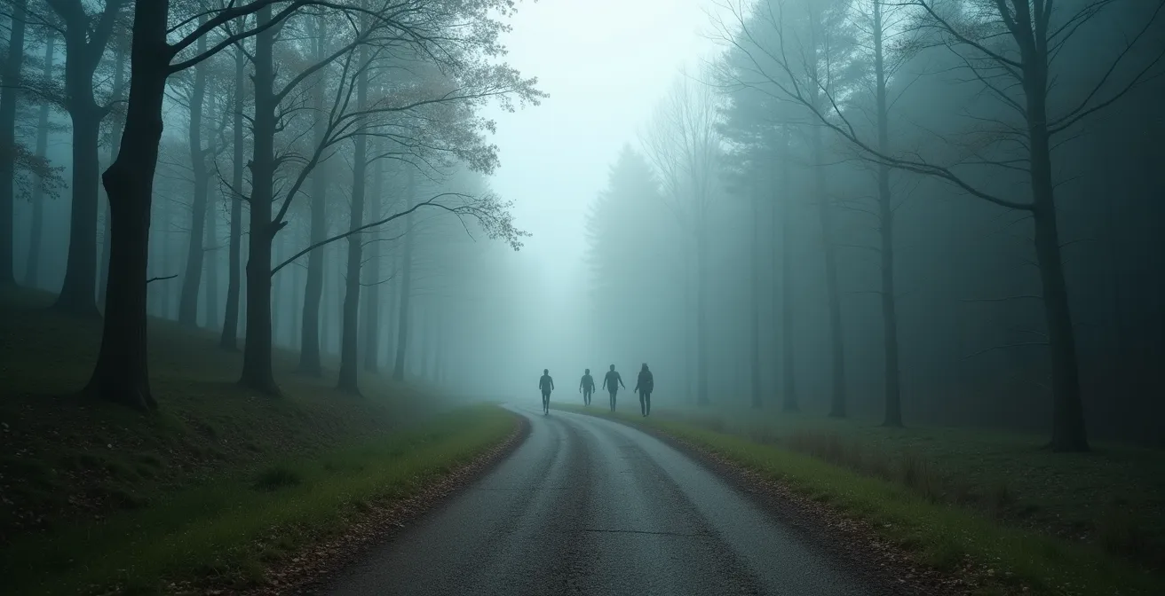 Weitwinkelansicht eines langen Waldweges mit einer Person, die in verschiedenen Gehphasen dargestellt ist und den Zeitverlauf symbolisiert
