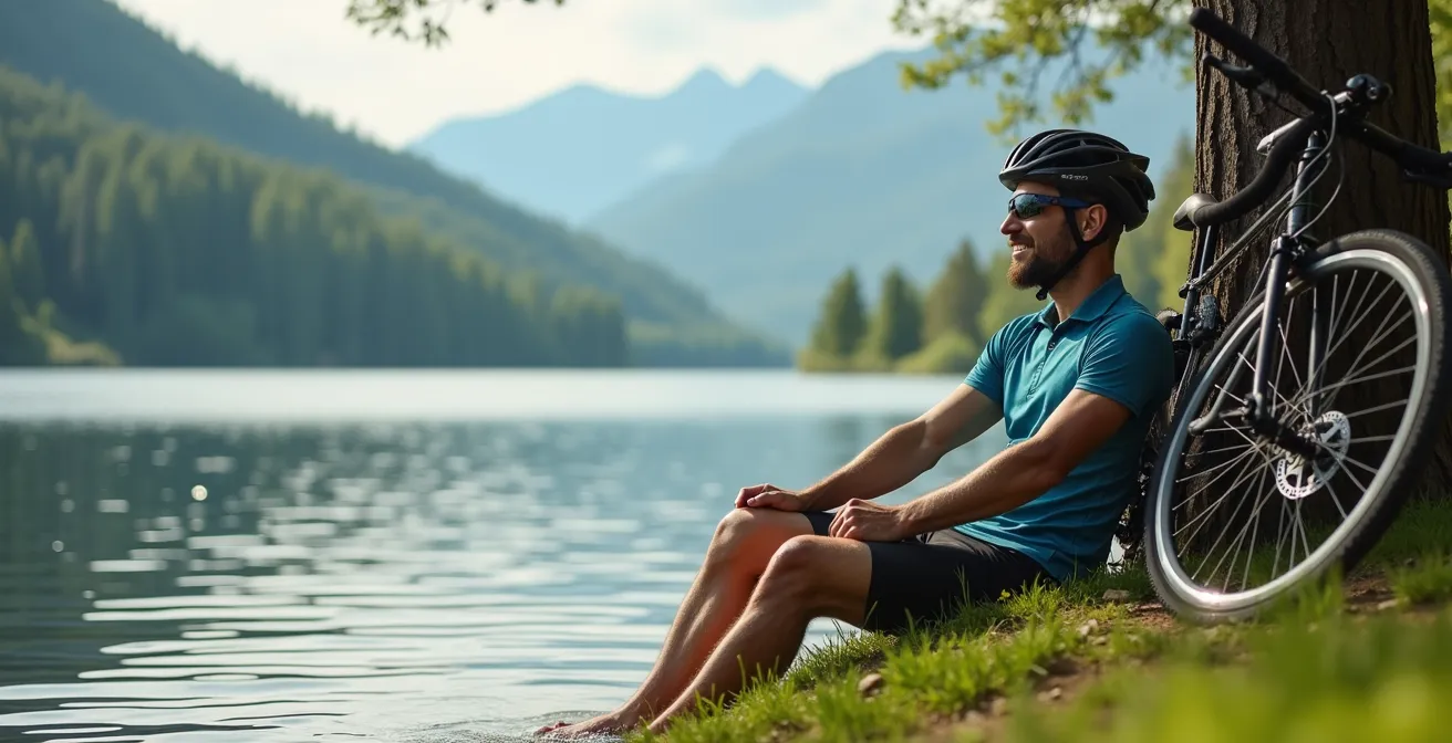Radfahrer genießt entspannte Mittagspause mit Rad am See