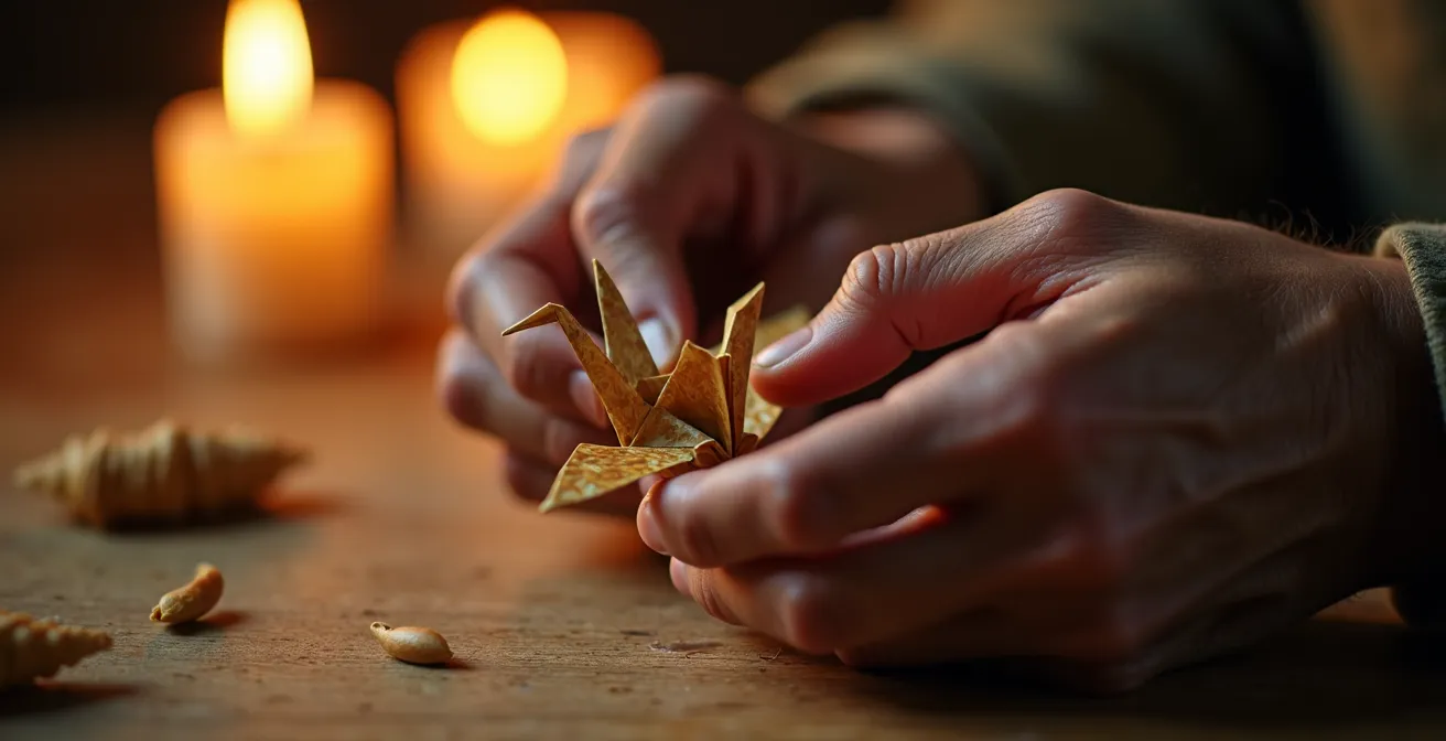 Hände formen achtsam ein Origami-Objekt bei Kerzenlicht