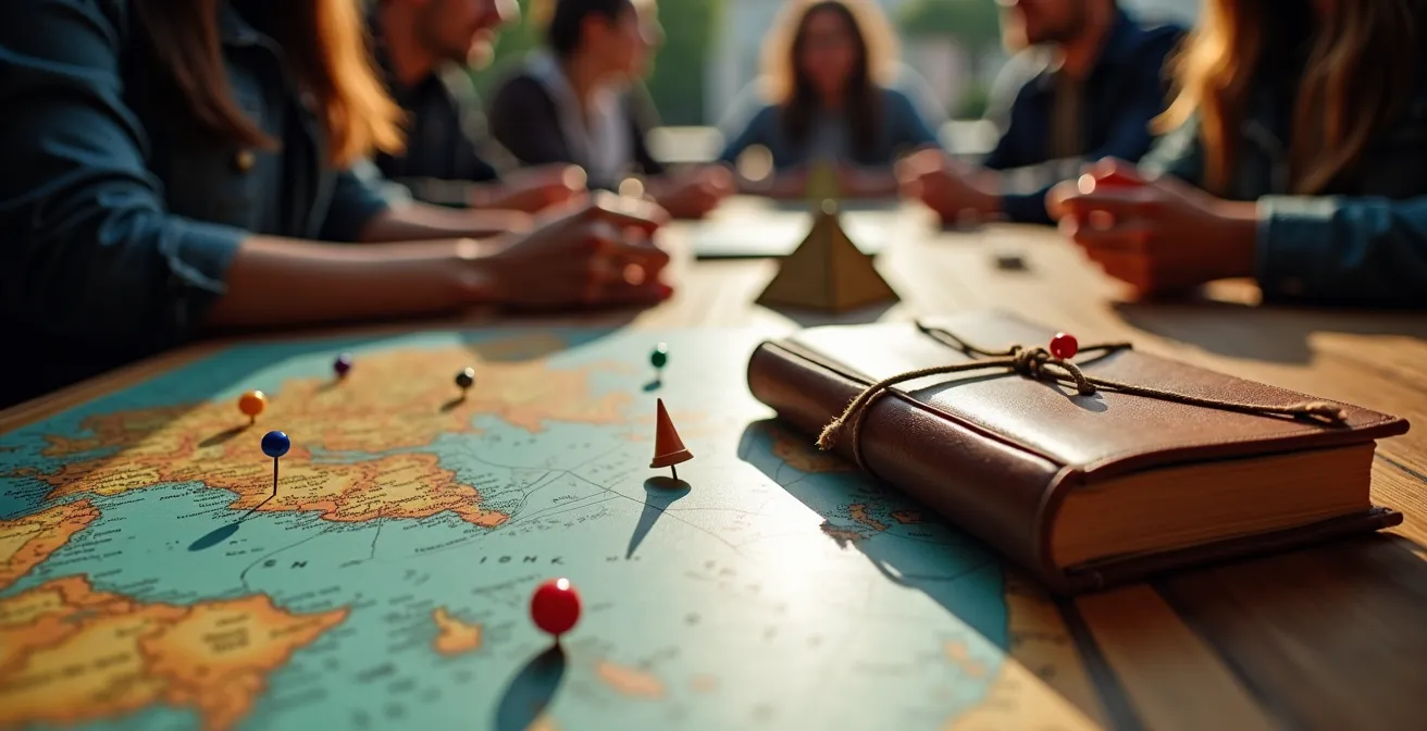 Reisender nutzt eine auffällige Weltkarte und ein Kartenspiel am Gemeinschaftstisch als Gesprächsstarter.