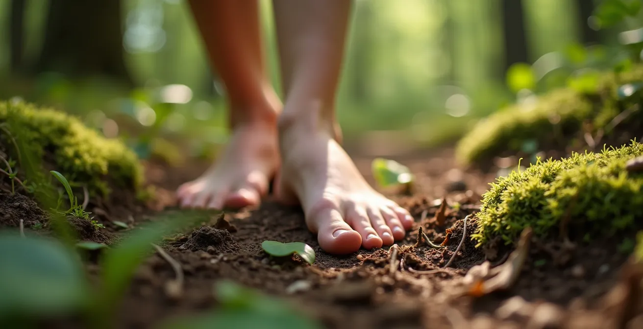 Nahaufnahme von Füßen beim rhythmischen Gehen mit visualisiertem Atemmuster