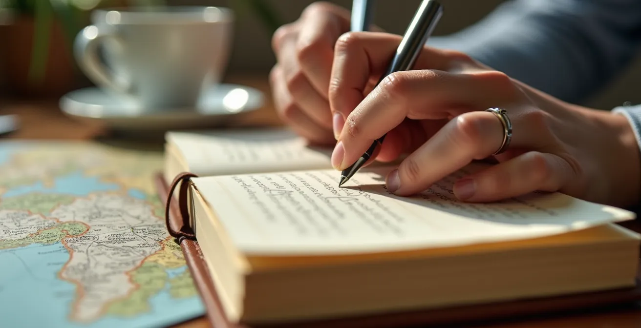 Nahaufnahme eines Reisetagebuchs mit handgeschriebenen Notizen neben einer Tasse Kaffee