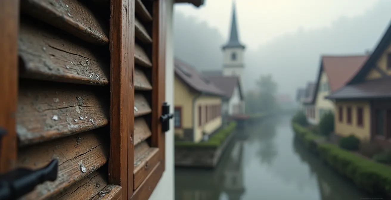 Friedliche Dorfszene am frühen Morgen mit traditionellen Häusern und Natur