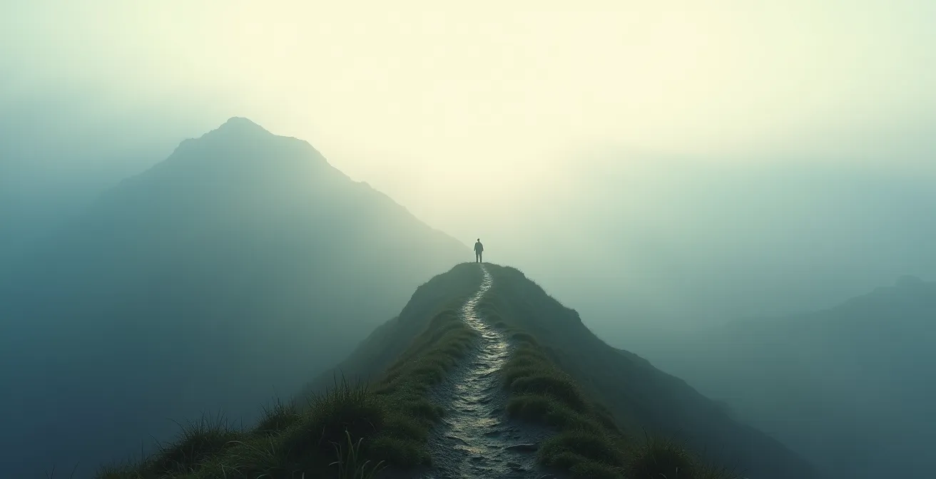 Weite Berglandschaft mit drei markierten Ritualpfaden unterschiedlicher Intensität