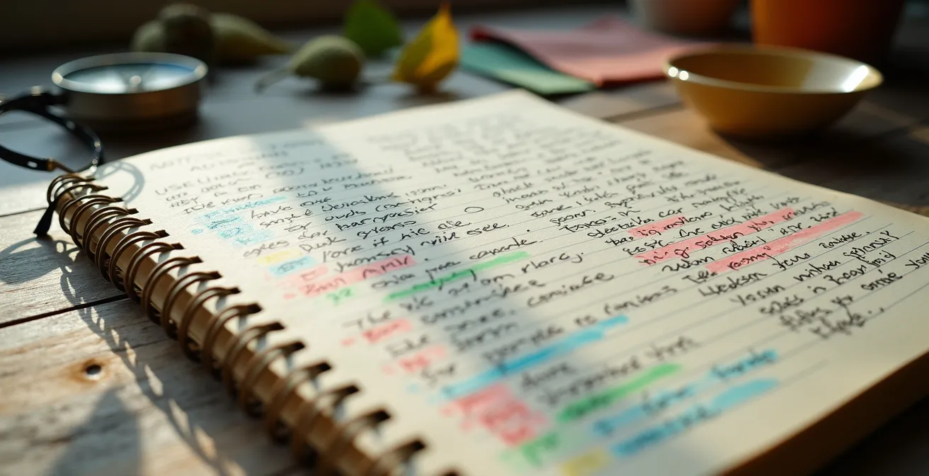 Nahaufnahme von Feldnotizen mit farblicher Codierung für ethnografische Mustererkennung