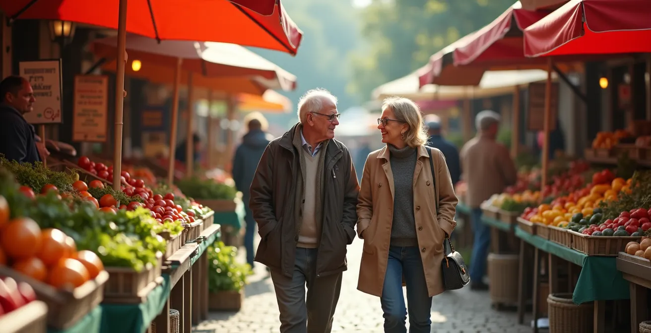 Gastgeber und Gast beim entspannten Gespräch während eines Marktbesuchs