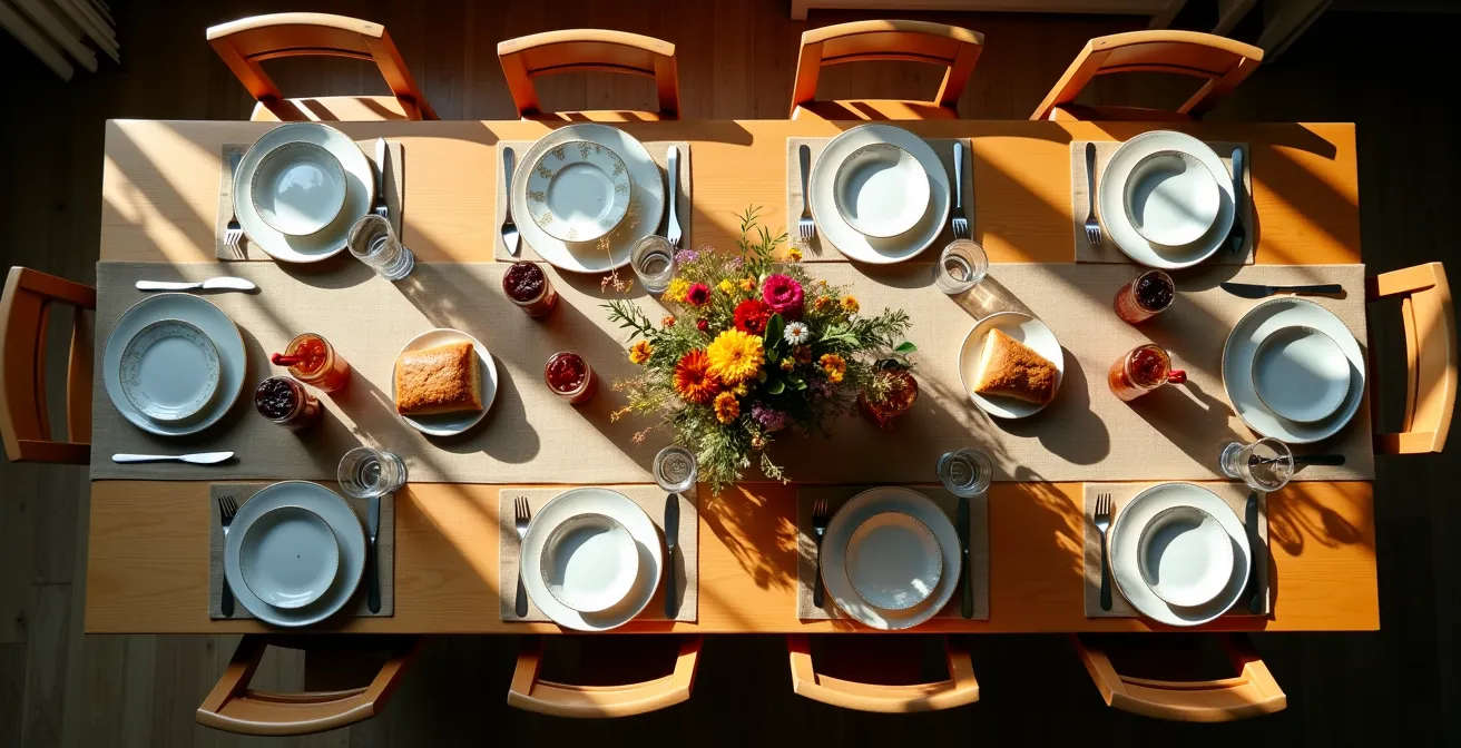 Traditioneller gemeinsamer Frühstückstisch in familiärer Pension