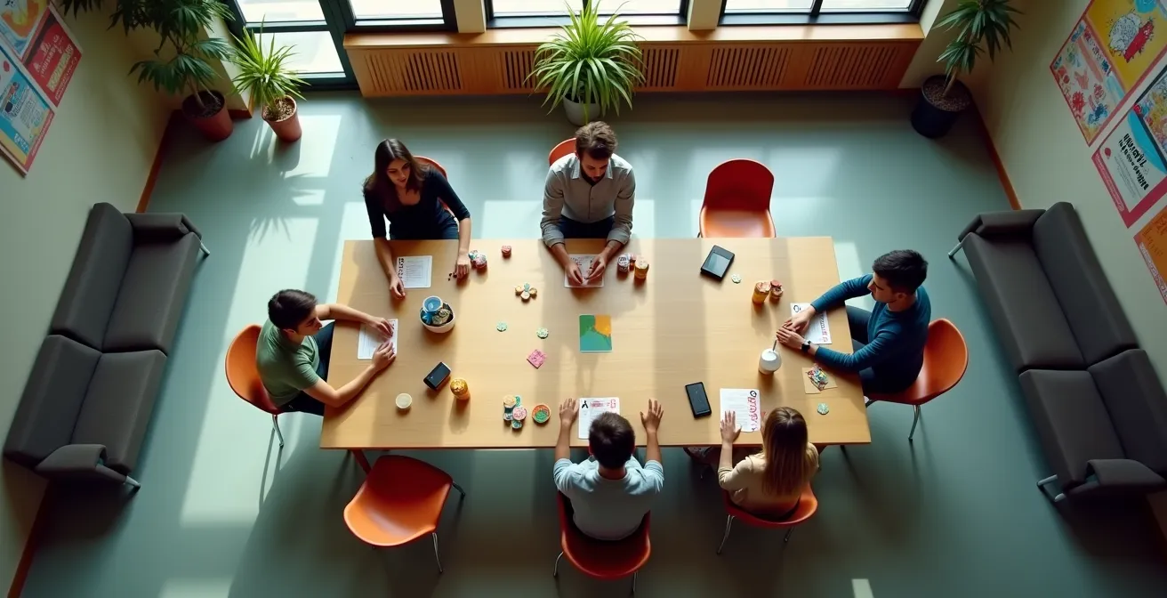 Ein Backpacker organisiert proaktiv ein spontanes Kartenturnier im Aufenthaltsraum des Hostels und wird so zum sozialen Mittelpunkt.