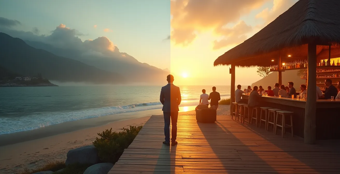 Geteilte Szene zeigt eine ruhige Berghütte im Nebel und eine lebhafte Strandbar bei Sonnenuntergang