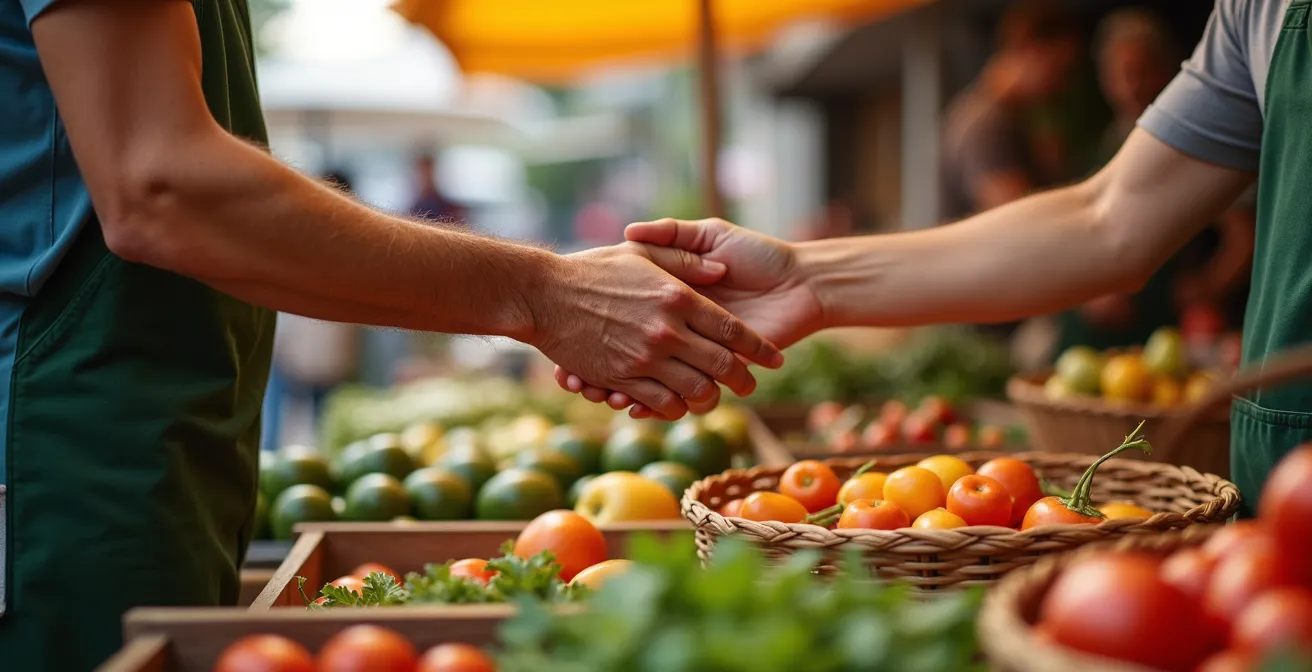 Nahaufnahme von Händen beim Austausch frischer Produkte auf einem lokalen Markt