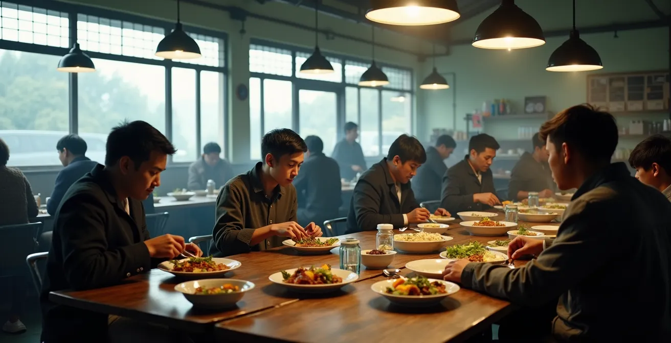 Weitwinkelaufnahme einer lokalen Kantine zur Mittagszeit mit Arbeitern