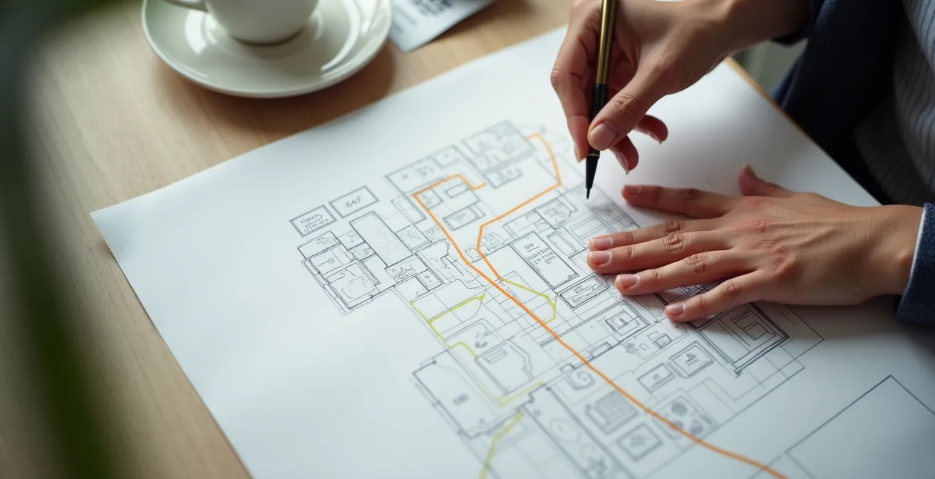 Übersichtsplan eines Museums mit markierter Route und Pausenzonen