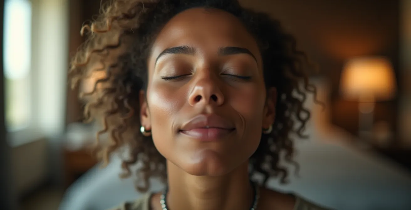 Das Gesicht einer Person mit geschlossenen Augen in Meditation, während der Hintergrund weich zwischen verschiedenen Hotelumgebungen wechselt