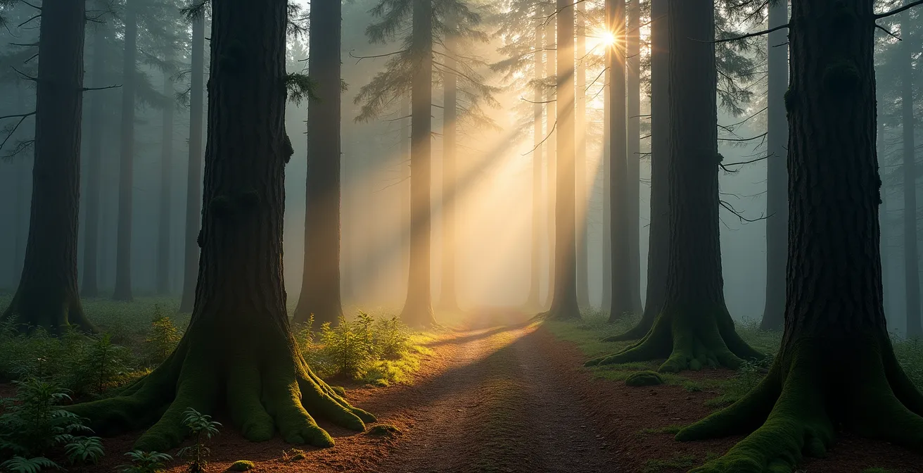 Nebliger Schwarzwald am frühen Morgen mit alten Tannen