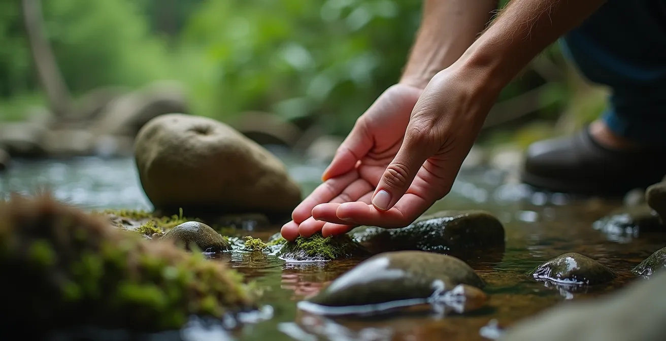 Nahaufnahme von Händen, die verschiedene natürliche Texturen berühren