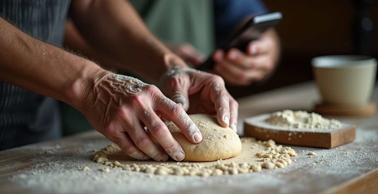 Jugendlicher interviewt älteren Gastgeber mit Smartphone für Dokumentation
