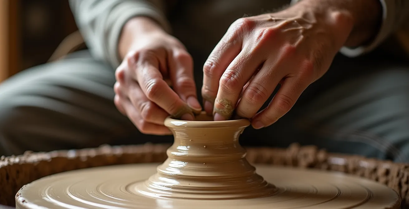 Nahaufnahme von Händen die Ton auf einer Töpferscheibe formen